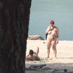 Swingers threesome at the nudist beach... Maria Bose wants a double dick ration.